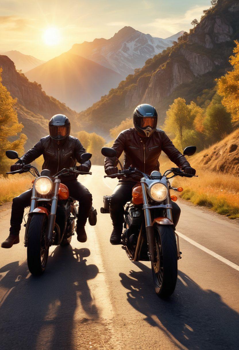 A dramatic scene of diverse bikers on scenic mountain roads, showcasing various motorcycle styles and gear, with warm sunlight illuminating their joyful faces. Surround them with picturesque landscapes and hints of a vibrant sunset in the background, evoking a sense of adventure and freedom. Incorporate elements of biking culture like helmets and leather jackets scattered artistically. super-realistic. vibrant colors. adventure theme.