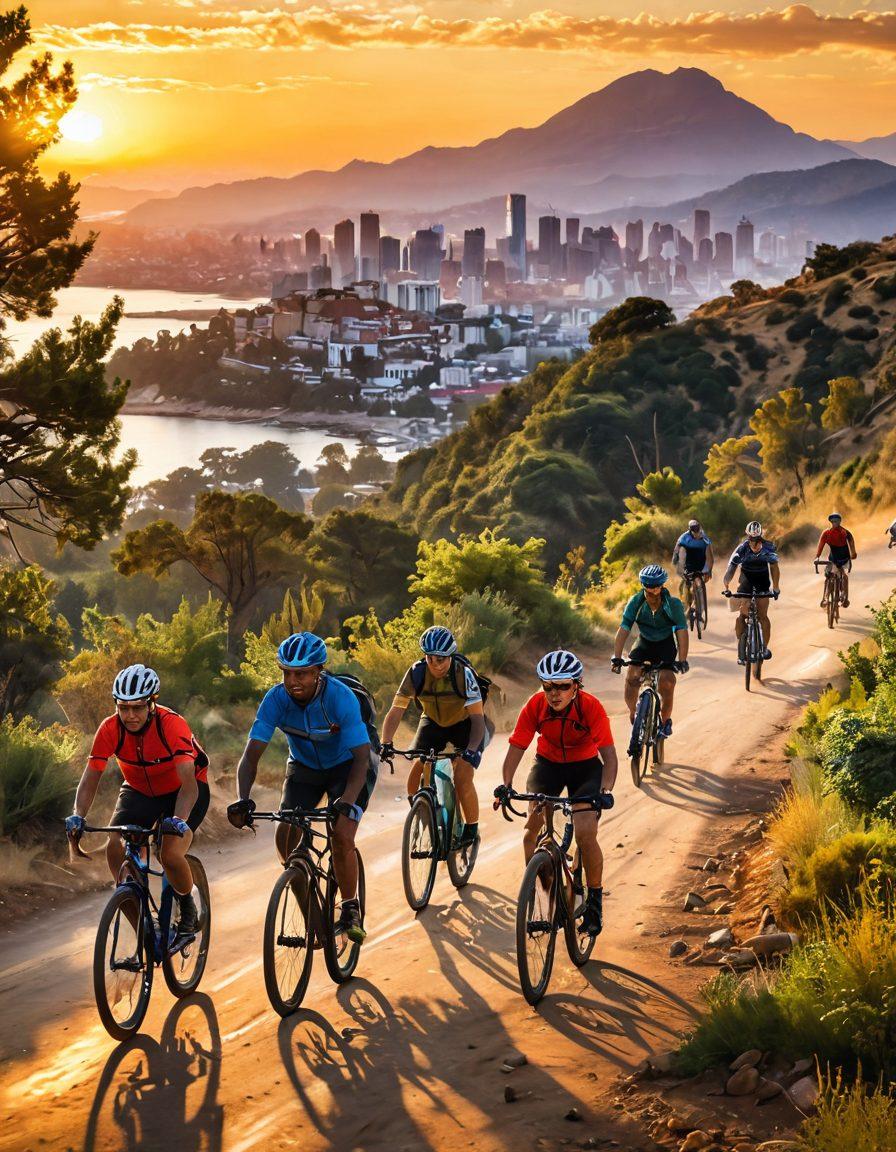 A vibrant scene of diverse cyclists on various terrains, from rugged mountain trails to bustling urban streets, showcasing different types of bicycles. The cyclists represent various cultures and ages, promoting inclusivity and adventure. In the background, a sunset casts warm hues over a skyline, uniting nature and city life. Incorporate a sense of freedom and passion for cycling. super-realistic. vibrant colors. dynamic composition.