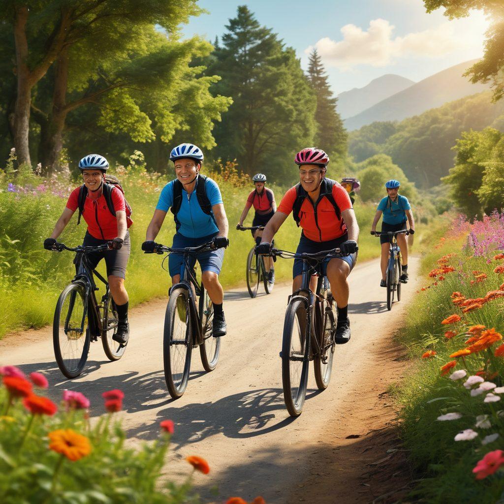 A dynamic scene featuring a diverse group of cyclists of various ages and backgrounds, all riding together on picturesque trails surrounded by lush greenery and vibrant flowers. The focus should be on their colorful gear and bicycles, showcasing essential cycling equipment. Include friendly faces and expressions of joy, with a sunlit sky casting warm light over the scene. super-realistic. vibrant colors. natural landscape.